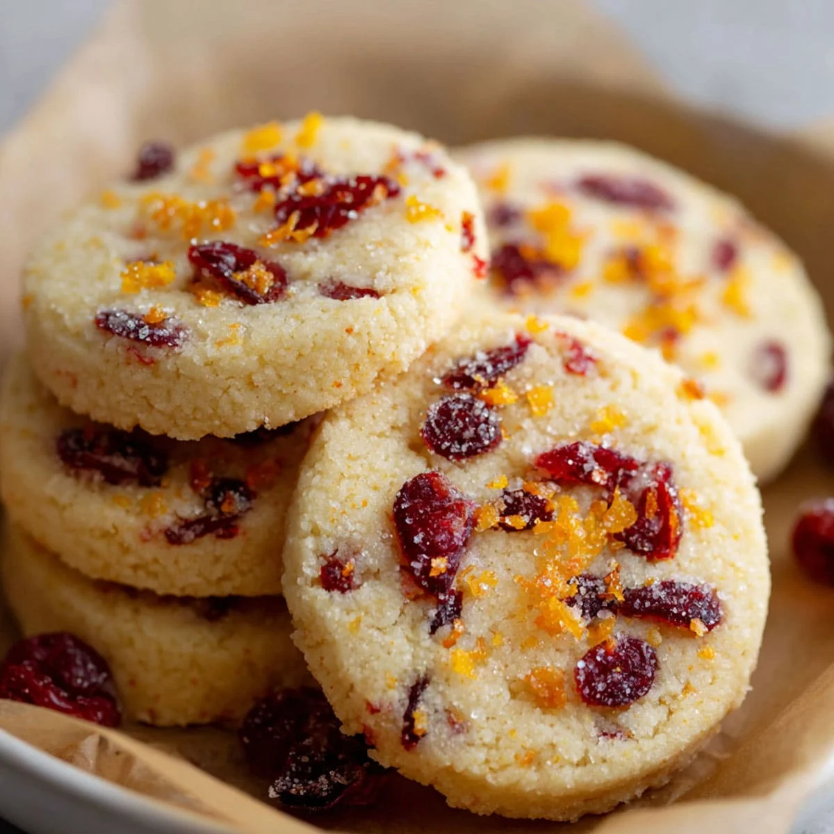 Cranberry Orange Shortbread Cookies on a white plate surrounded by fresh cranberries and orange slices