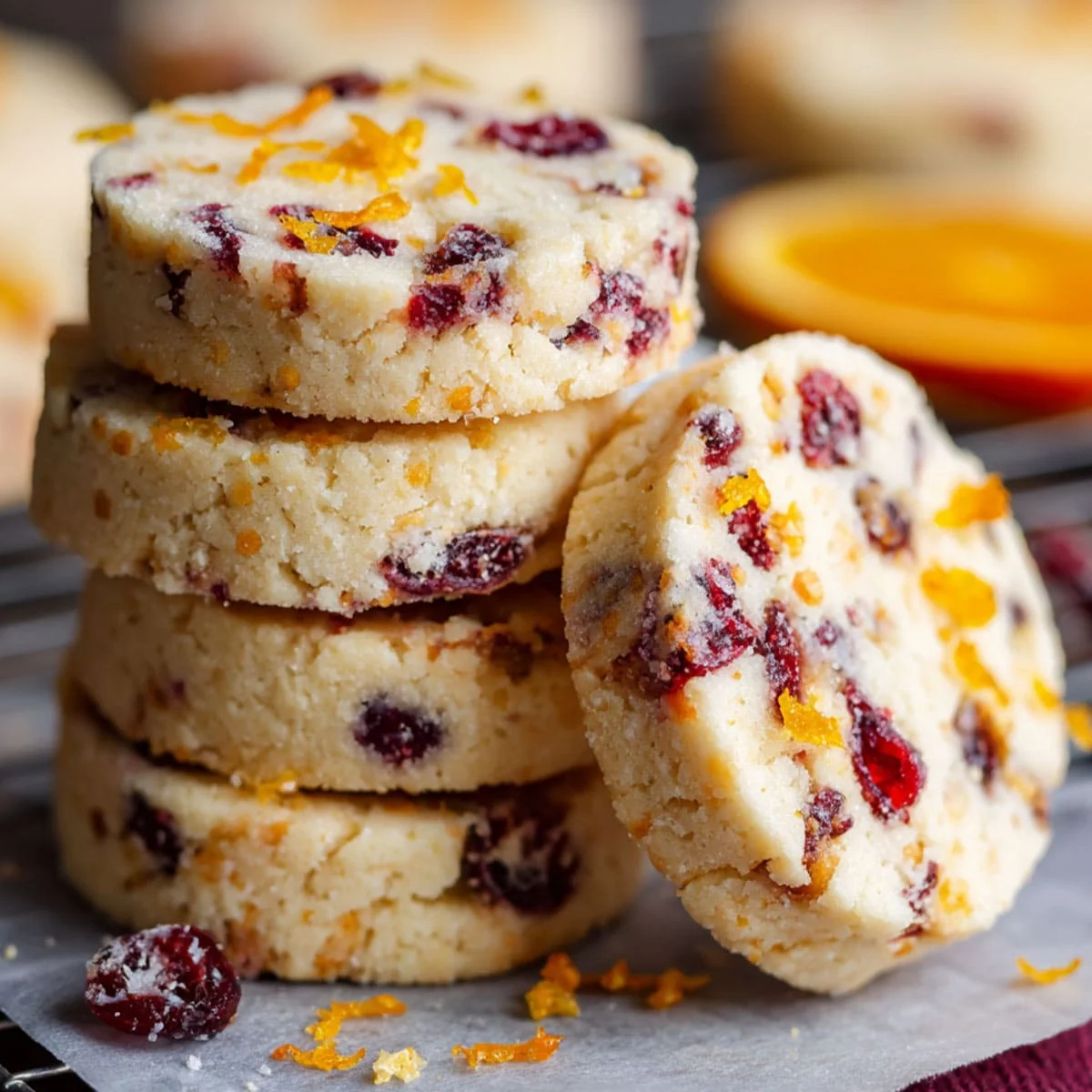 Stack of buttery Cranberry Orange Shortbread Cookies with orange zest and dried cranberries