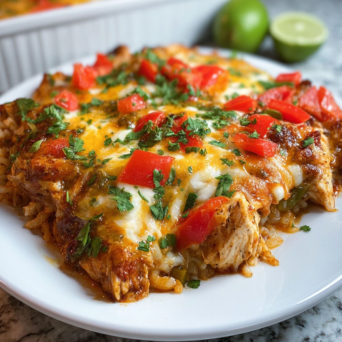Fajita Chicken Casserole topped with melted cheese, fresh tomatoes, and cilantro served on a white plate.