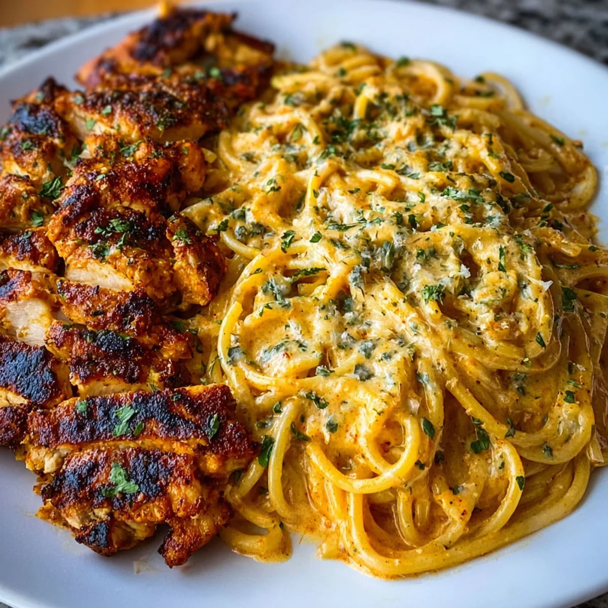 Creamy Garlic Parmesan Chicken Spaghetti 8 Creamy Cajun Garlic Parmesan Chicken Spaghetti served with seared Cajun chicken and creamy cheese sauce on a white plate