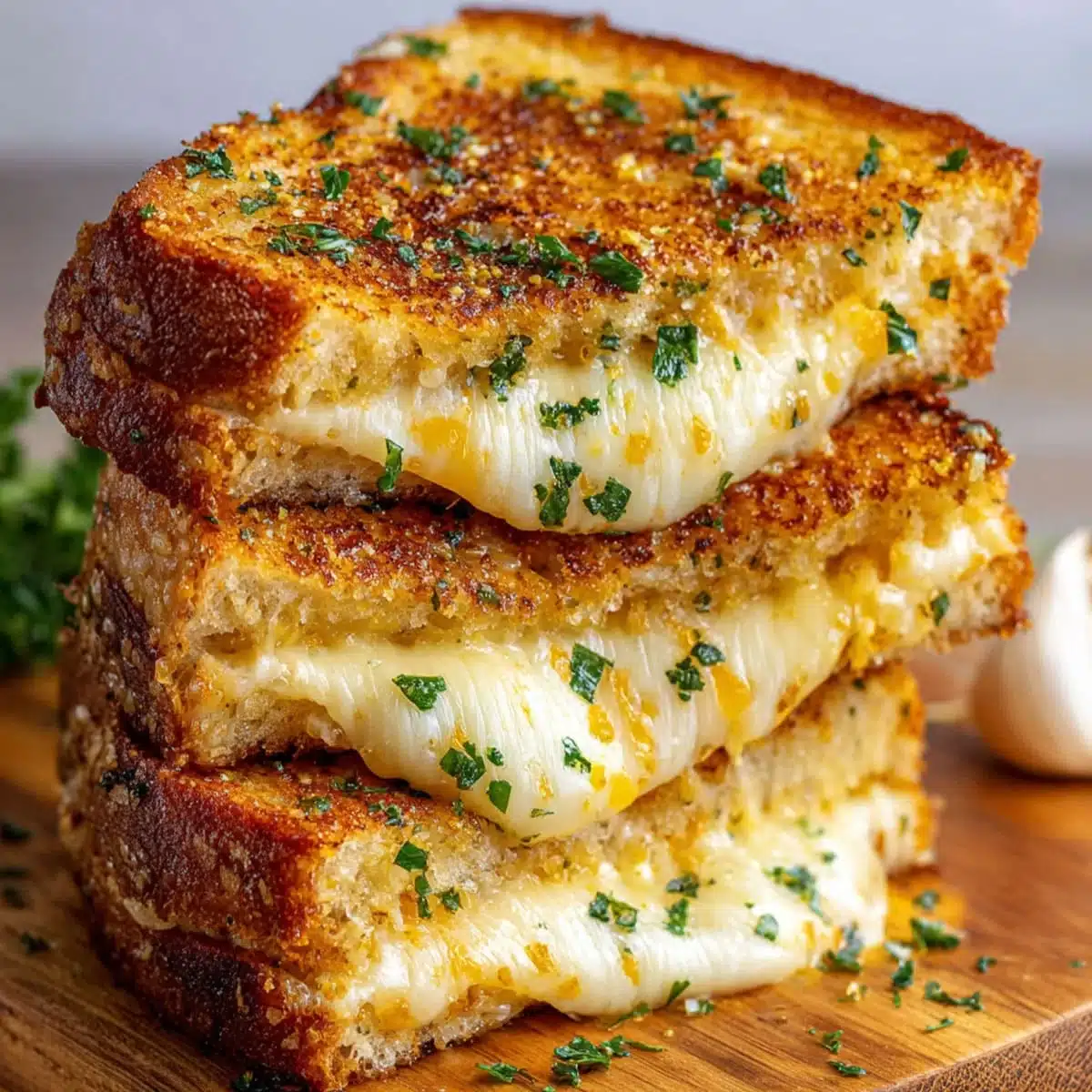 Garlic Bread Grilled Cheese | 15 min Lunch Idea 7 Stacked Garlic Bread Grilled Cheese sandwiches with melted cheese and parsley on a wooden board