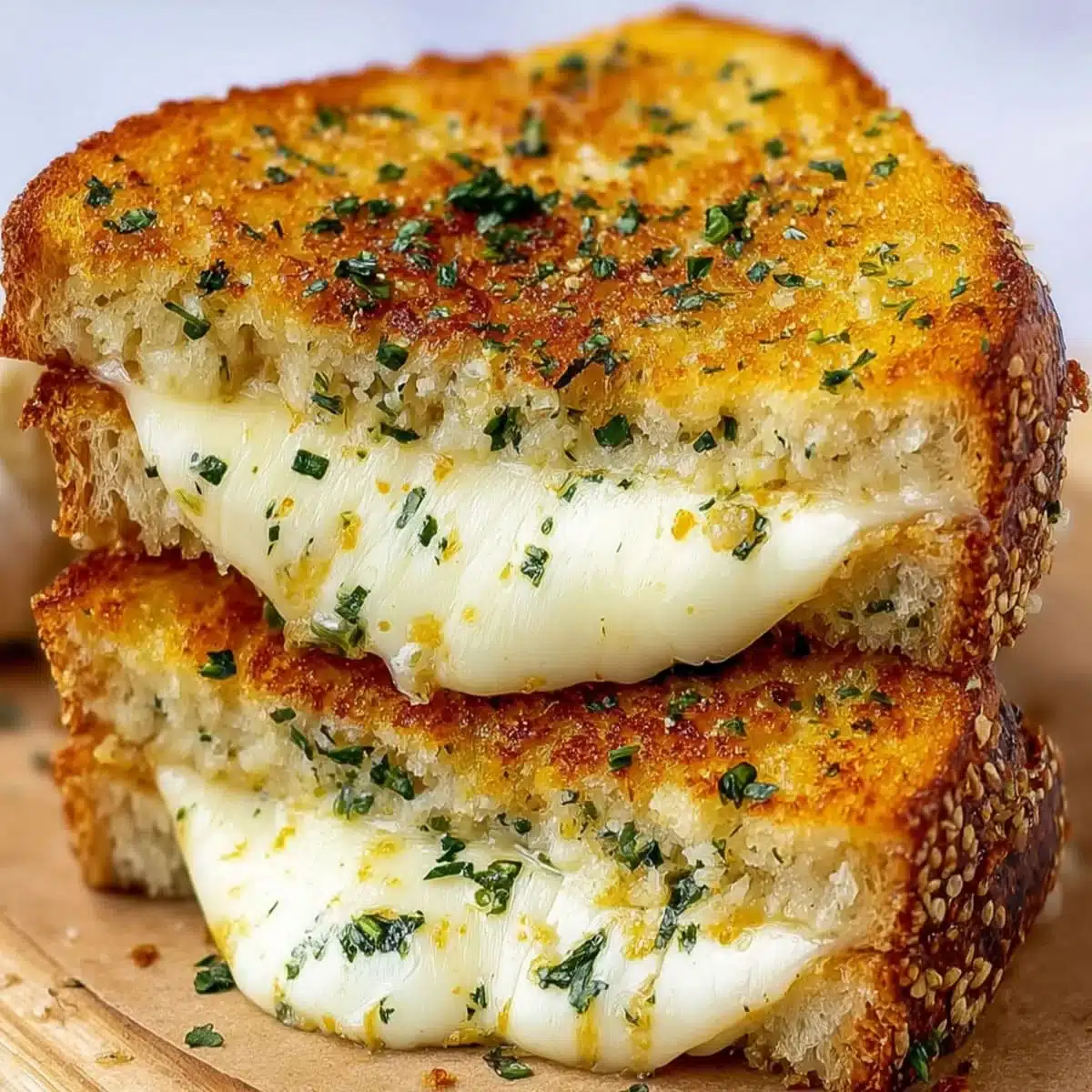 Garlic Bread Grilled Cheese | 15 min Lunch Idea 5 Stacked Garlic Bread Grilled Cheese halves on a wooden board with herbs