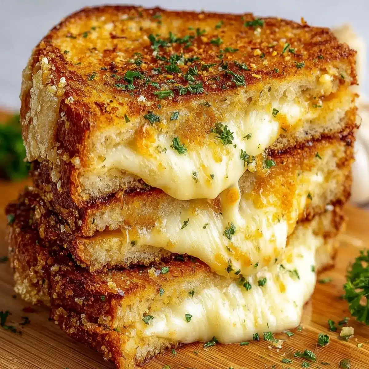 Garlic Bread Grilled Cheese | 15 min Lunch Idea 6 Close-up of Garlic Bread Grilled Cheese being pulled apart with gooey cheese stretch