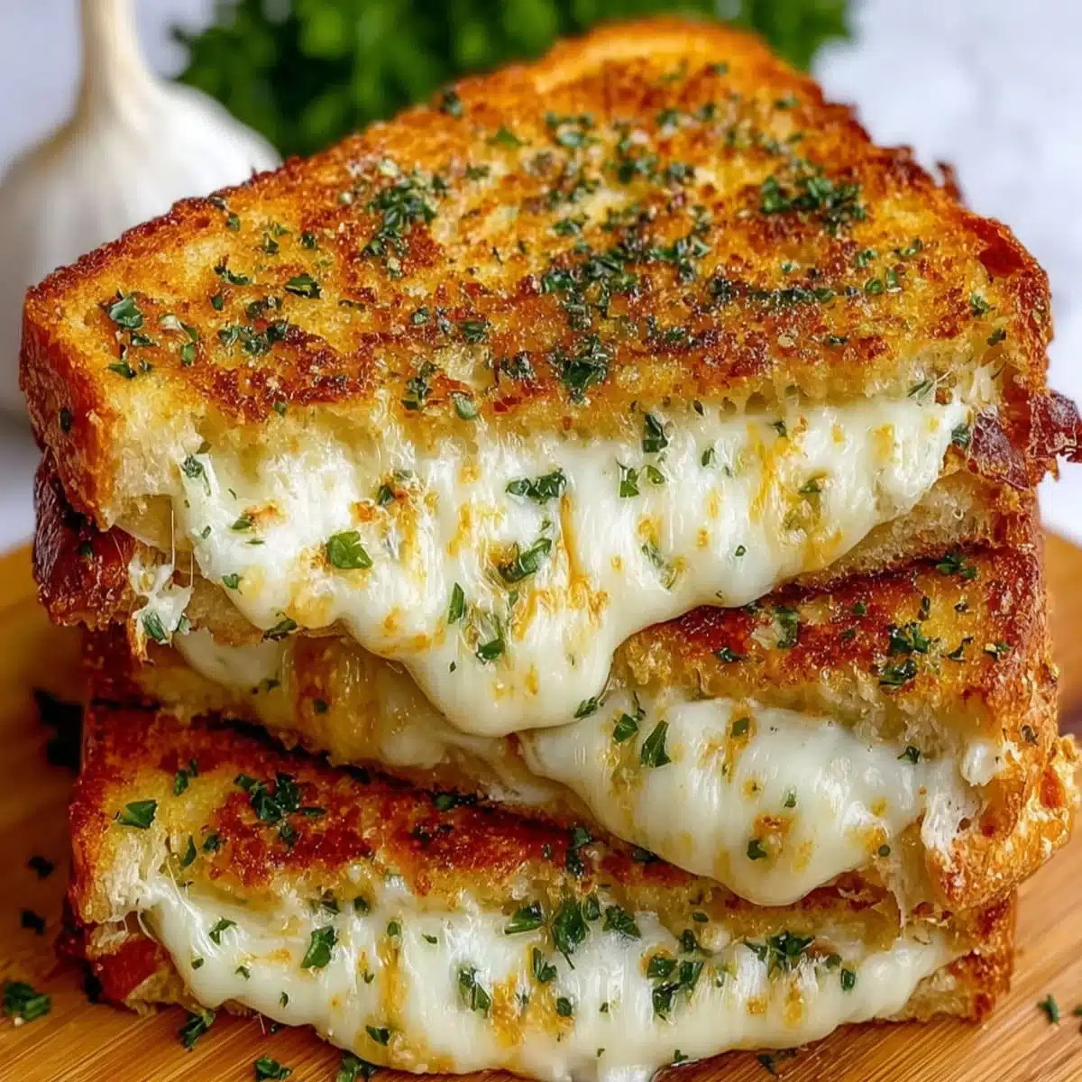 Garlic Bread Grilled Cheese sizzling in a skillet with melted cheese oozing out