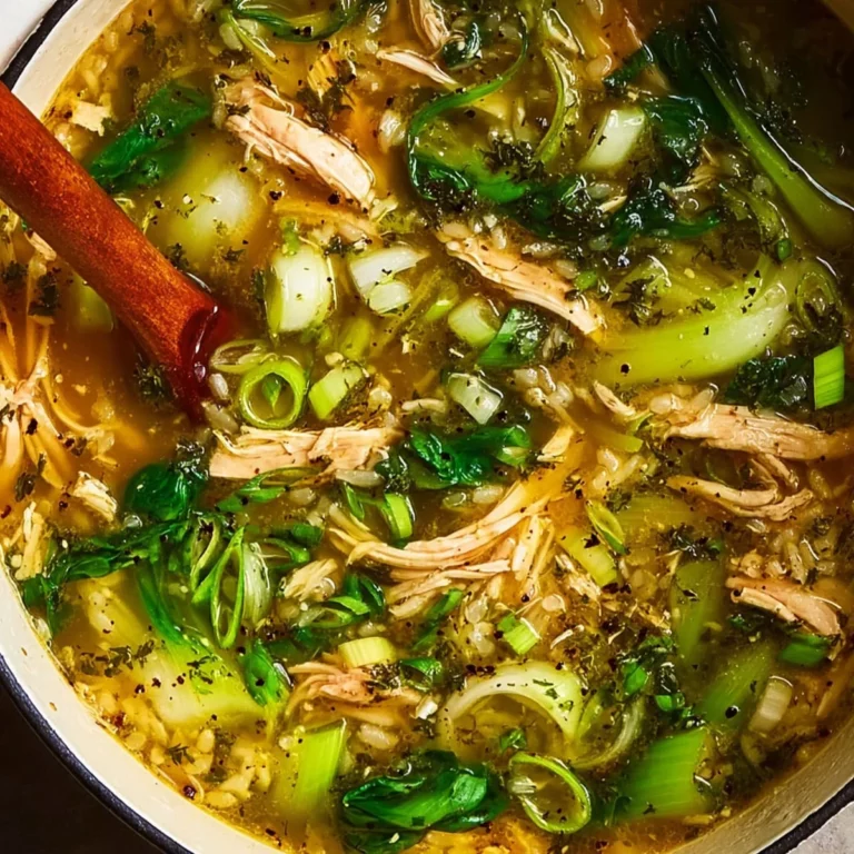 A steaming bowl of ginger chicken and rice soup with bok choy and sesame seeds on top.