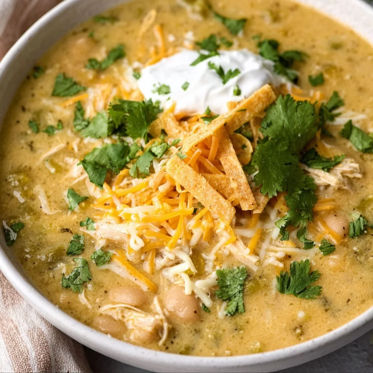 Creamy Slow Cooker Green Chile Chicken Enchilada Soup 4 Overhead view of Green Chile Chicken Enchilada Soup topped with tortilla strips, cheese, and avocado in a rustic bowl.