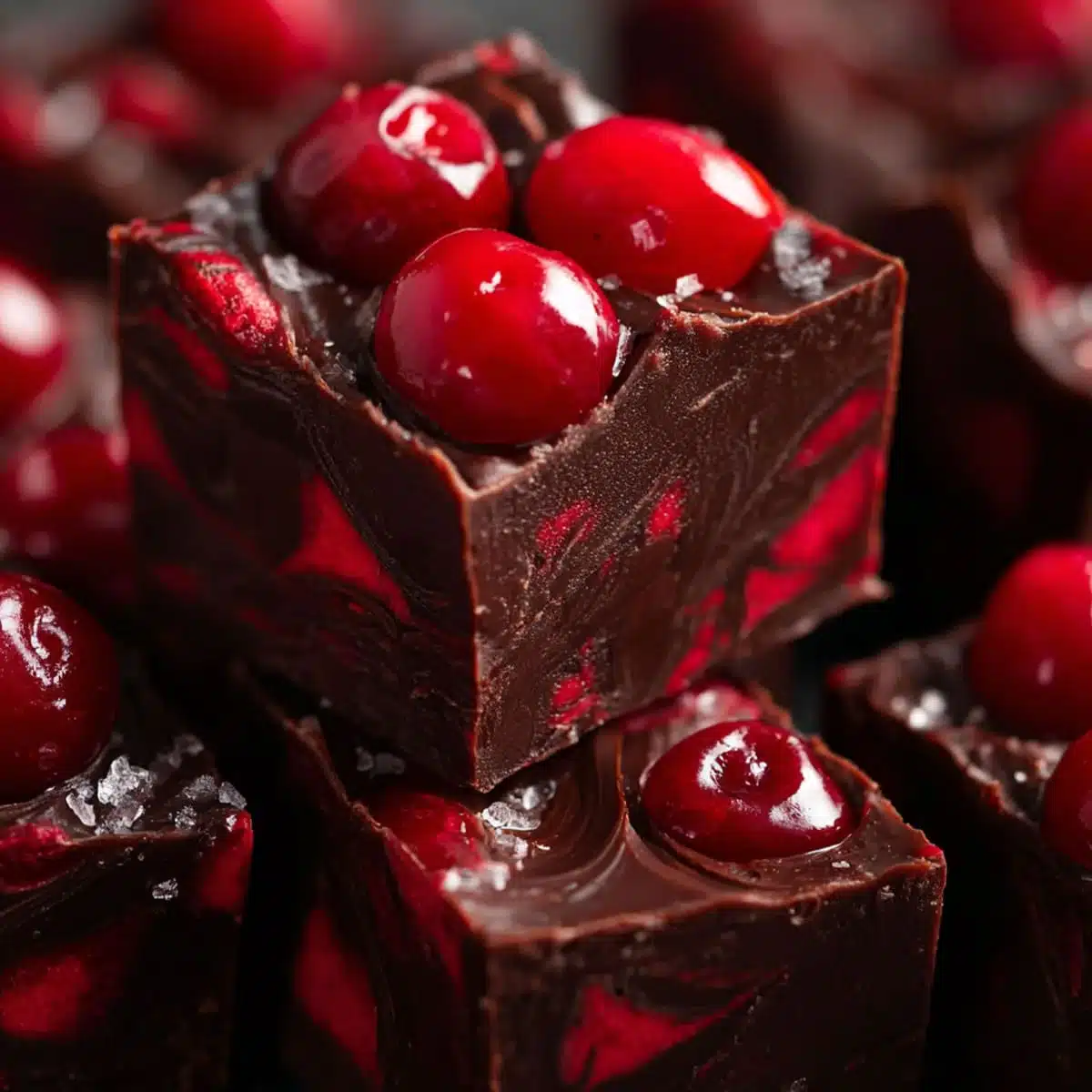 Halloween Dracula dark cherry fudges with maraschino cherries and bloody red swirls on top of rich dark chocolate squares.