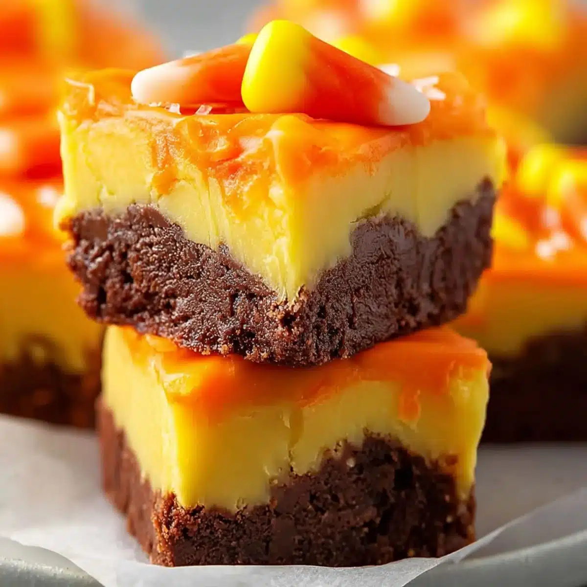 Halloween fudge recipe with chocolate and orange layers topped with candy corn