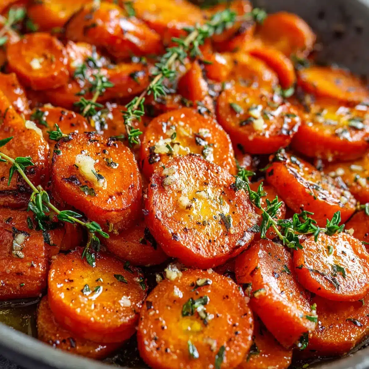 Honey garlic butter roasted carrots served in a white ceramic bowl with fresh parsley.