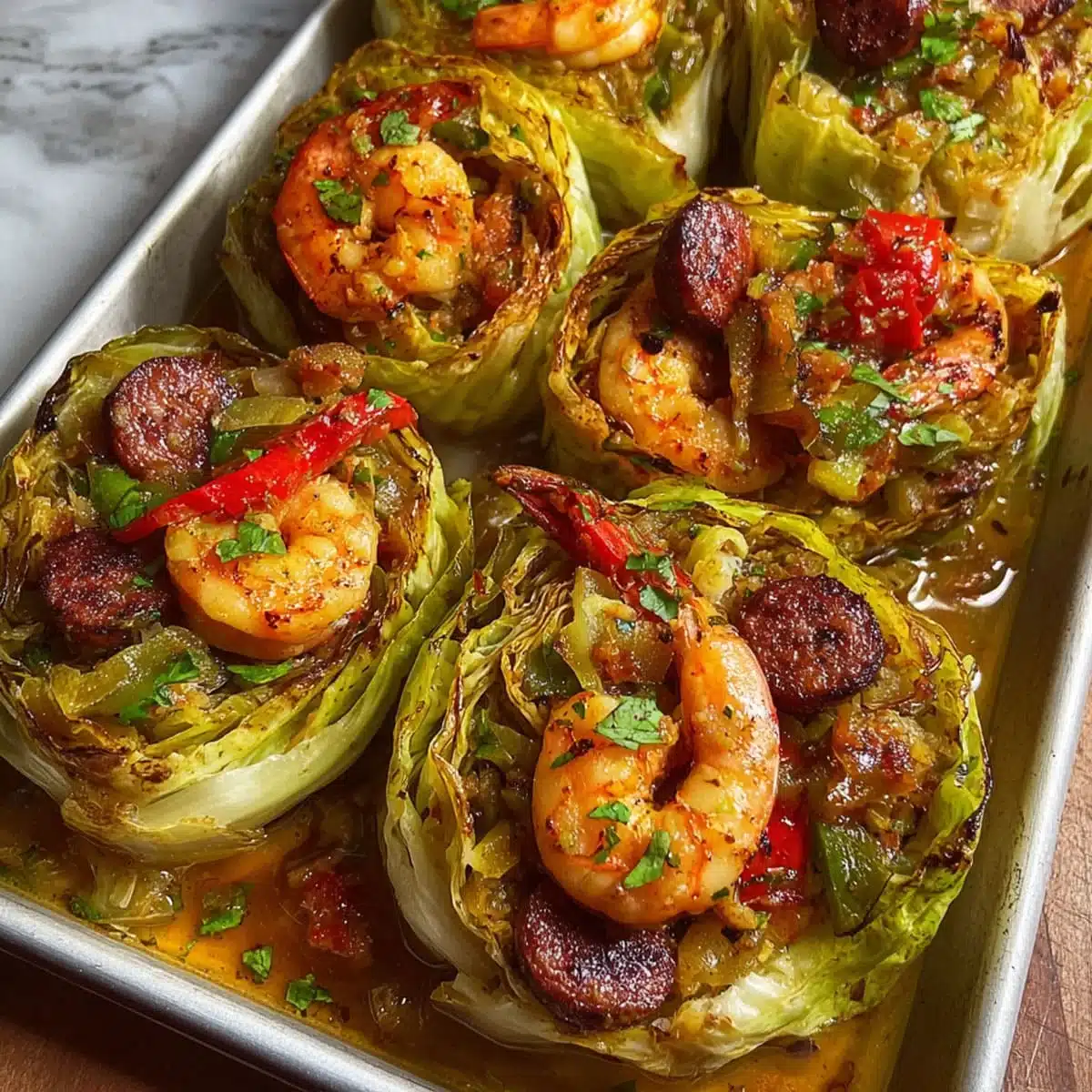 Keto Cajun shrimp and sausage stuffed cabbage baked in a tray with juicy shrimp, sausage rounds, and roasted cabbage