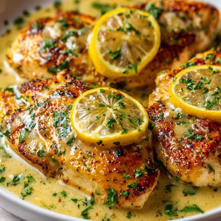 Close-up of Lemon Chicken Romano topped with lemon slices and creamy Parmesan sauce