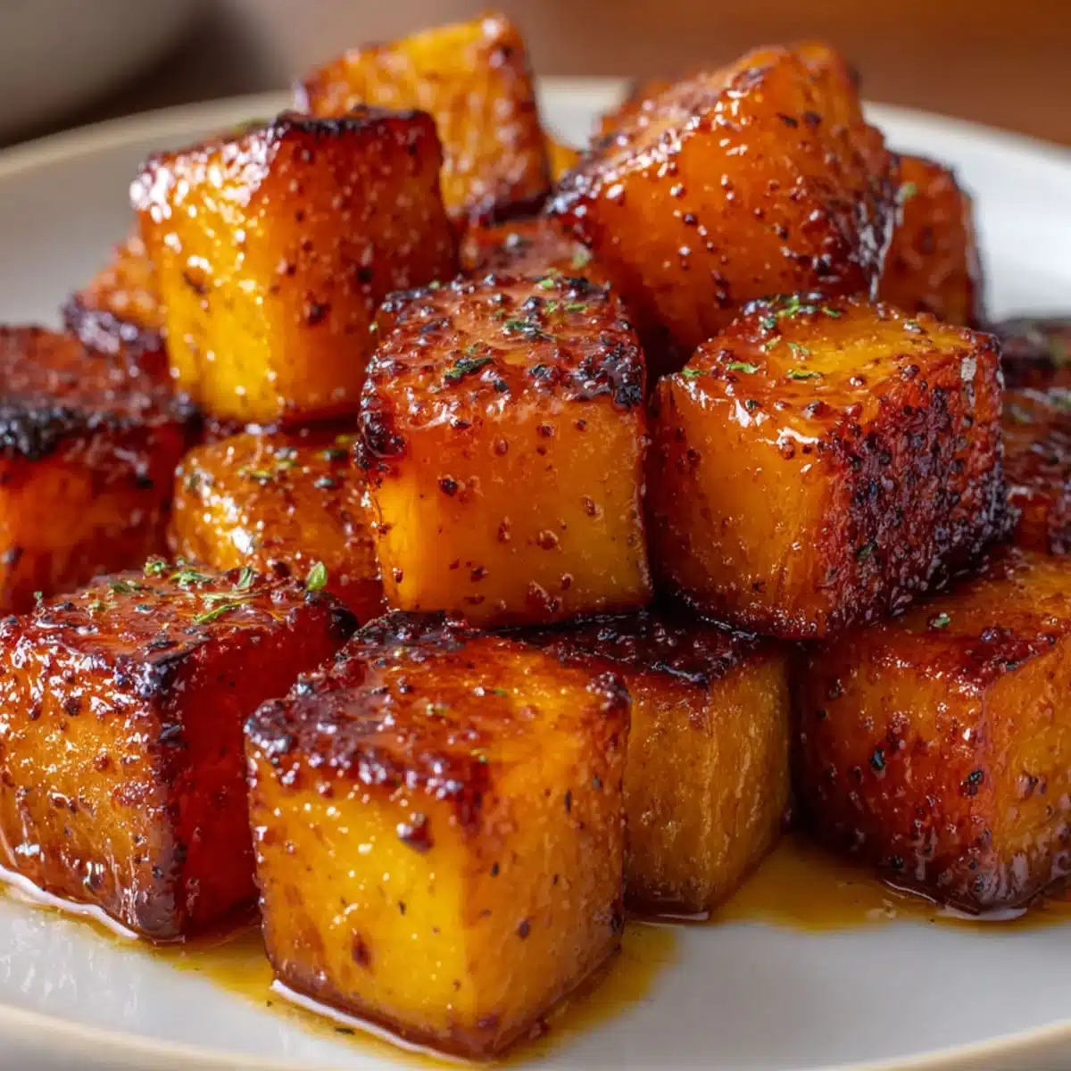 Roasted butternut squash served warm in a white bowl with caramelized edges