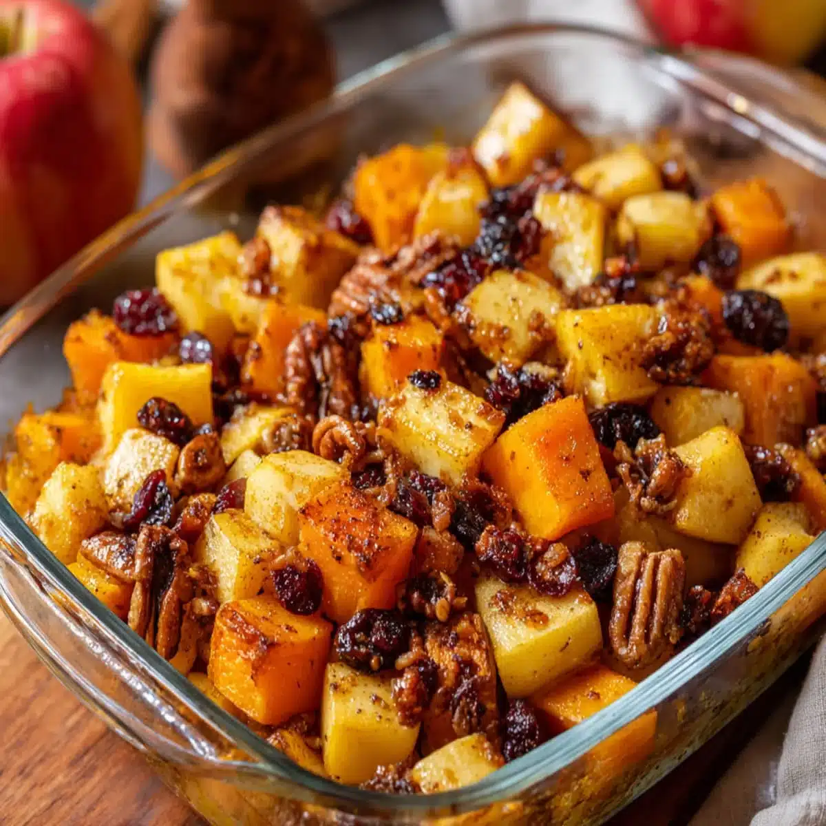 Butternut Squash Bake with apples, raisins, and pecans baked to golden perfection in a clear glass dish – perfect fall side dish.
