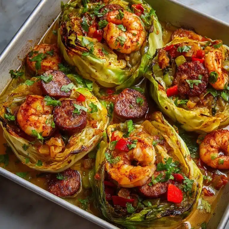 Close-up of keto Cajun shrimp and sausage stuffed cabbage with roasted edges and colorful veggies
