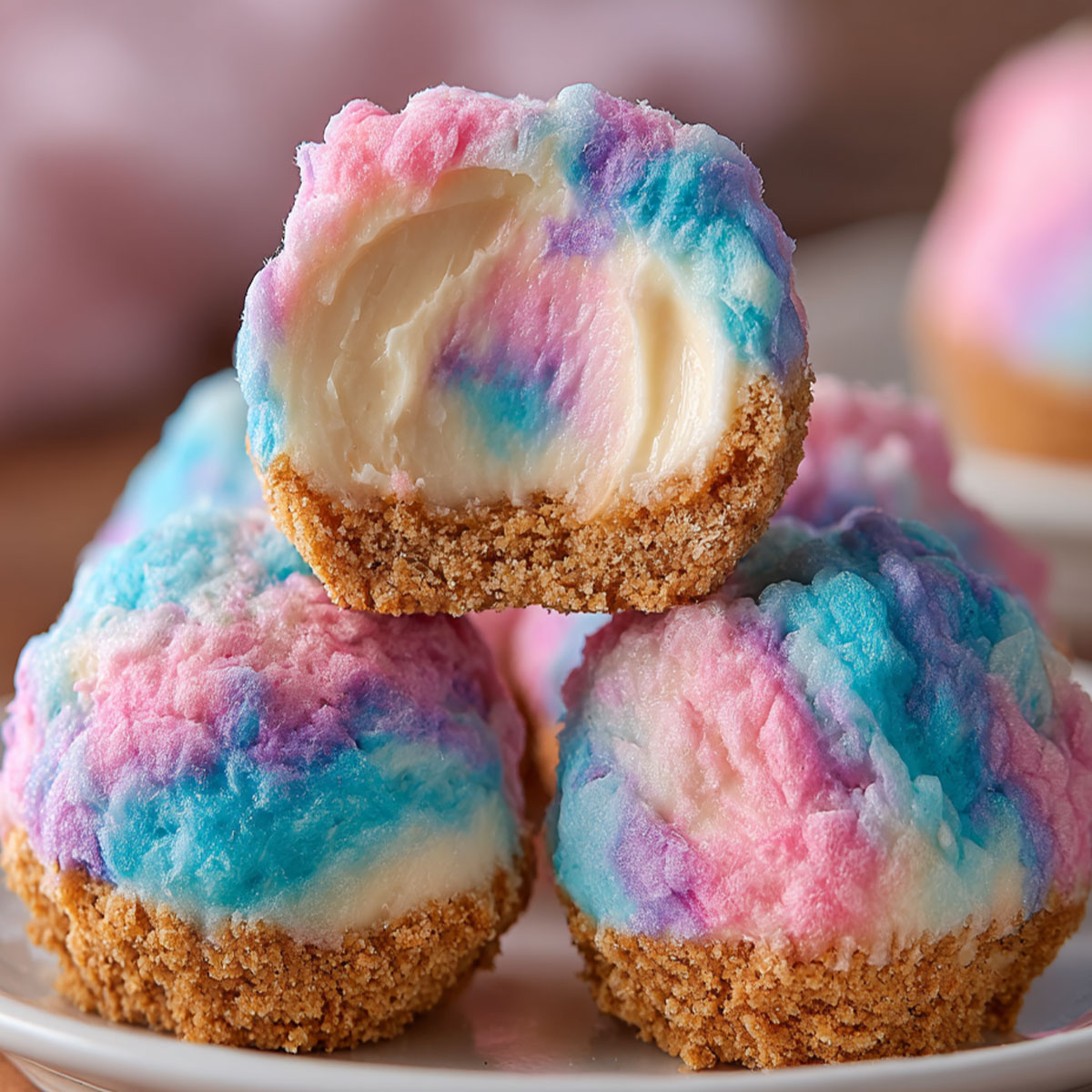 Bitten Cotton Candy Cheesecake Truffle showing creamy cheesecake center with pastel pink and blue swirls and crunchy cookie crust.