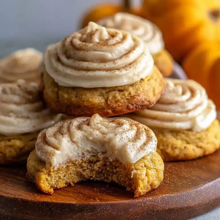 Soft pumpkin cookies with cinnamon frosting arranged on a fall-themed plate.