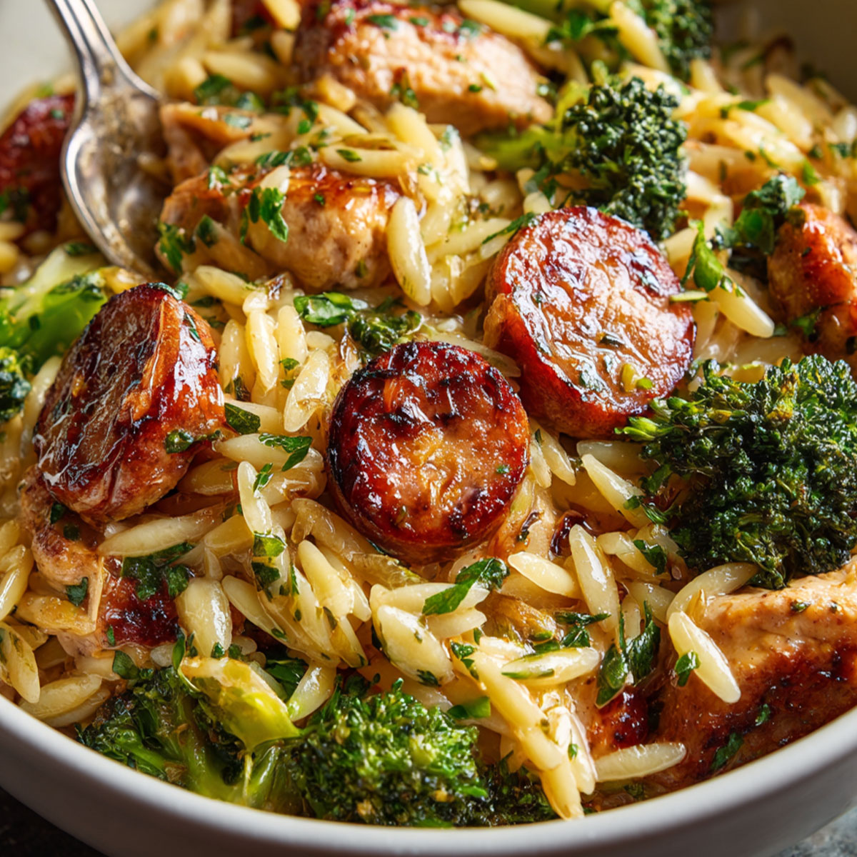 Bowl of chicken sausage orzo with broccoli and herbs