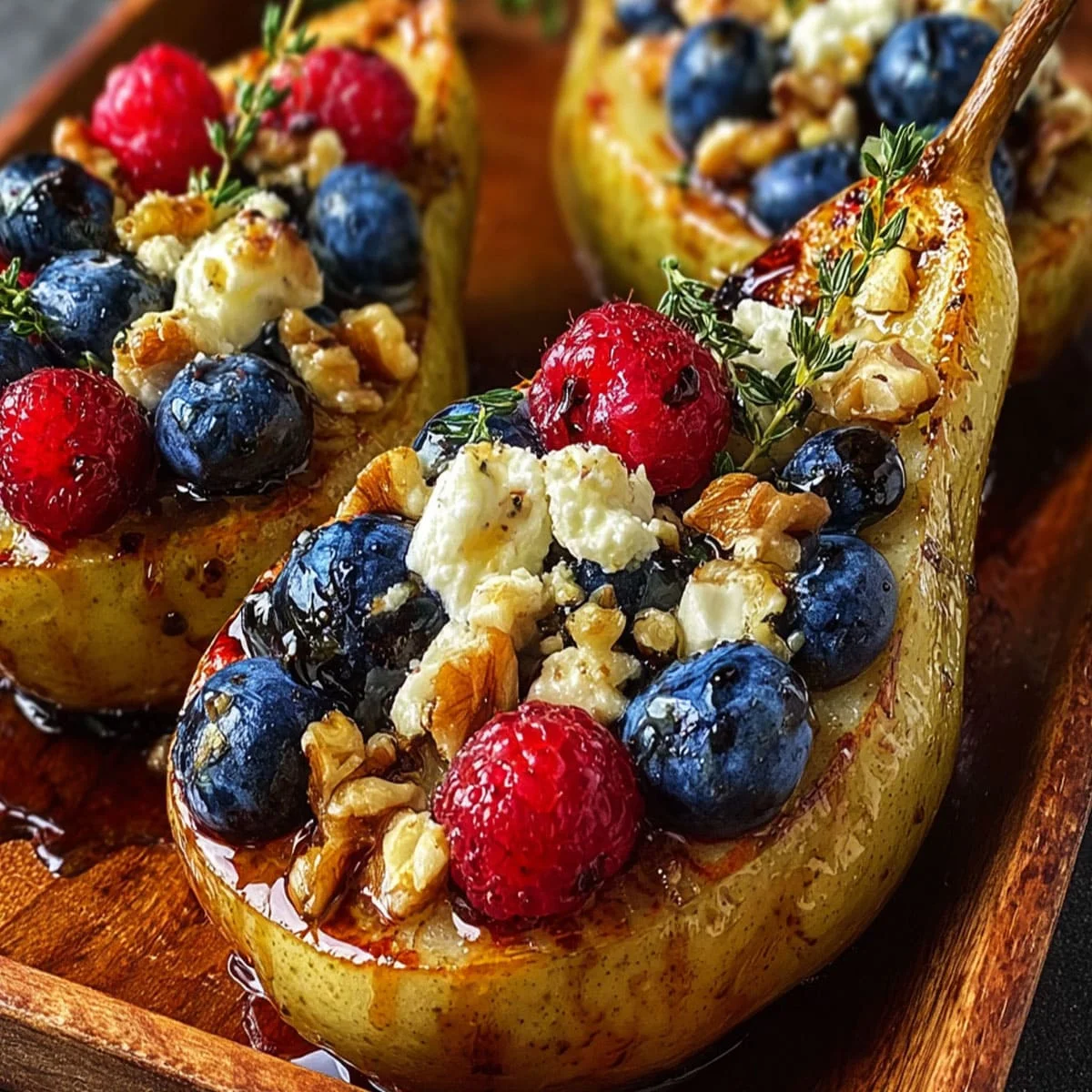 Serving baked pears with berries, honey, walnuts and blue cheese on a wooden platter drizzled with caramelized honey syrup.