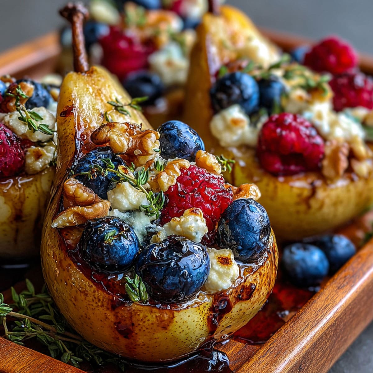 Elegant baked pears with berries, honey, walnuts and blue cheese served warm on a wooden plate.