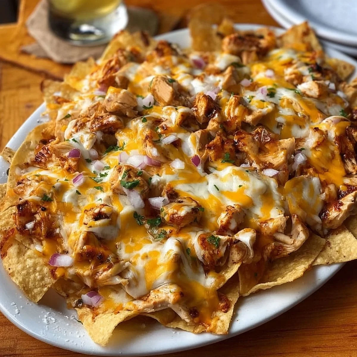 Best Creamy Chicken Nachos Recipe at Home 5 Plate of easy Chicken Nachos served for sharing with pico de gallo and avocado topping.