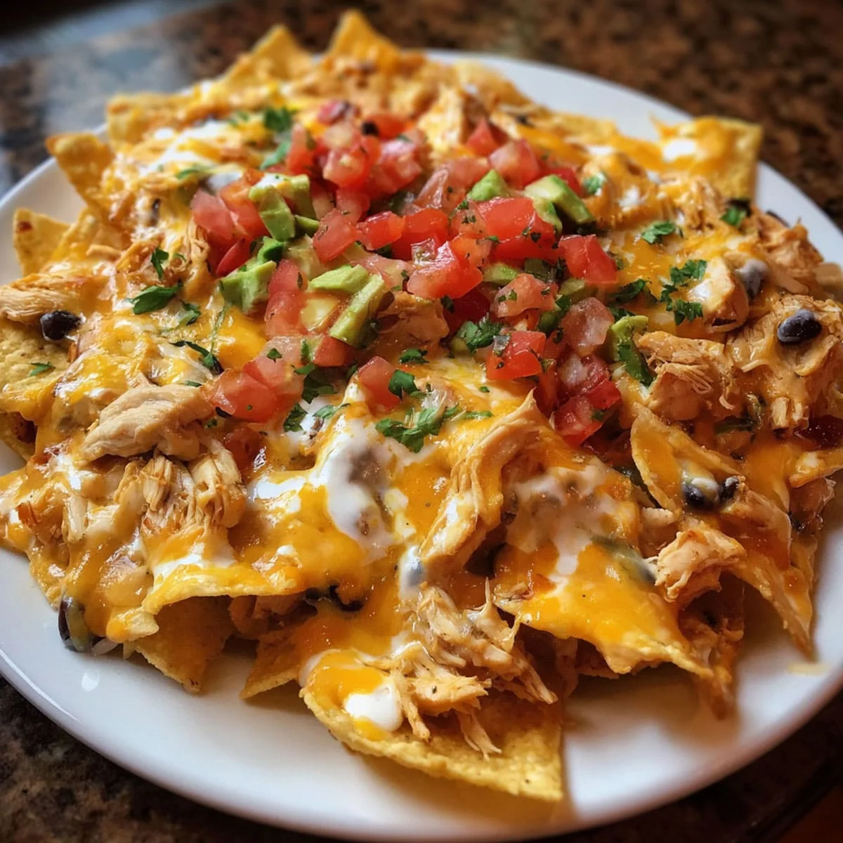 Best Creamy Chicken Nachos Recipe at Home 4 Close-up of cheesy Chicken Nachos with melted Monterey Jack, black beans, and tender shredded chicken.