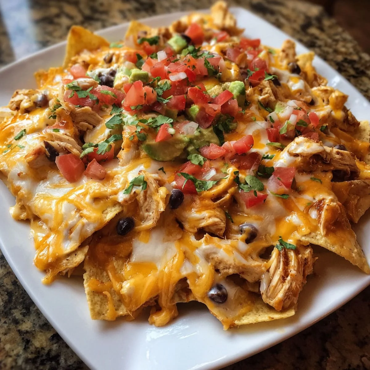 Creamy Chicken Nachos topped with melted cheese, shredded chicken, guacamole, and pico de gallo on a white plate.