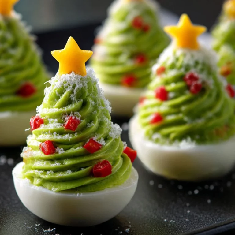Close-up of deviled egg Christmas trees topped with yellow pepper stars and snowy parmesan