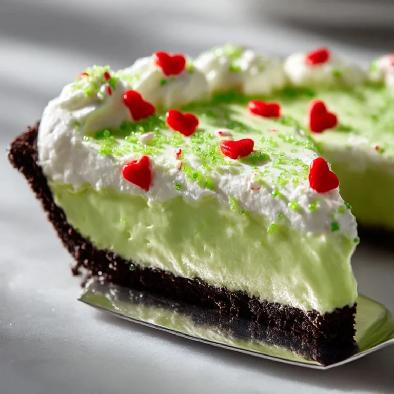 No bake Grinch pie slice with whipped topping and red heart sprinkles