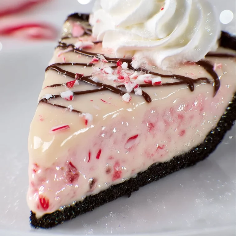Festive Christmas Candy Cane Pie with white chocolate topping and crushed candy canes