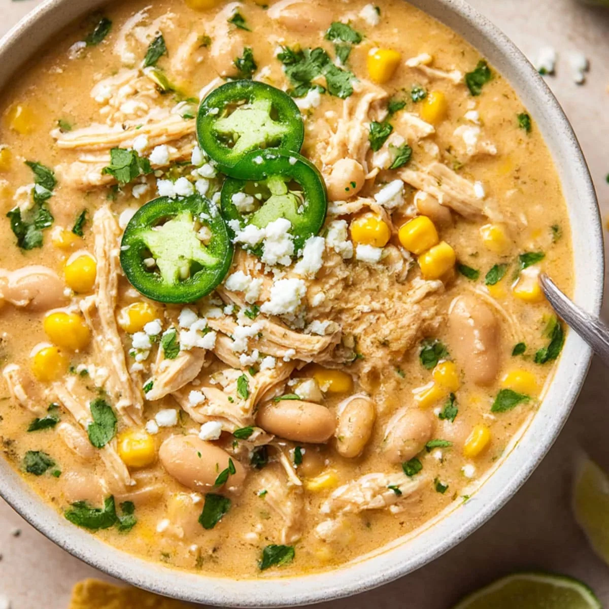 Bowl of chili with sour cream, avocado, and cheese toppings