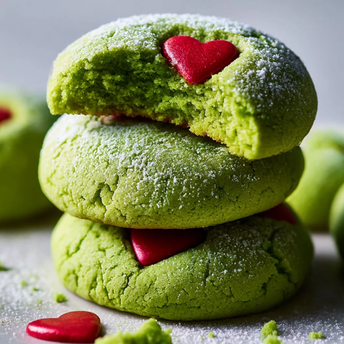 Stack of green Grinch Cookies for Christmas baking