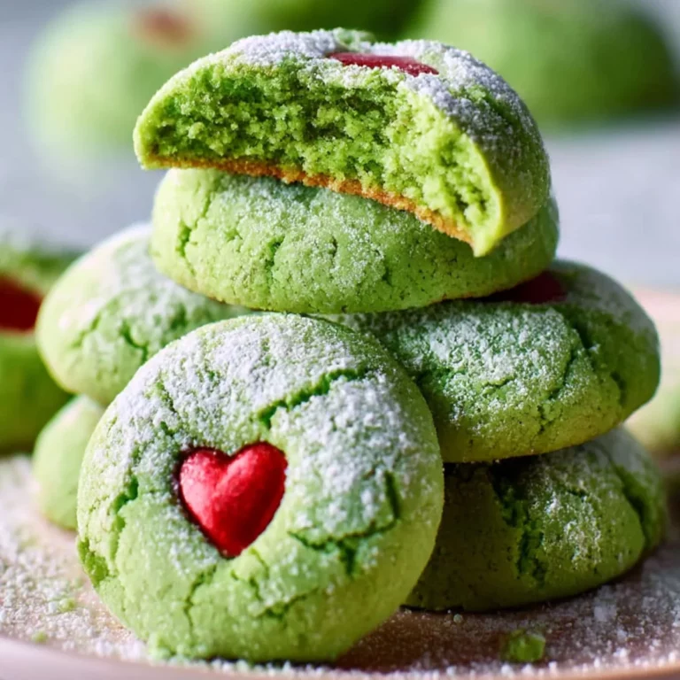 Grinch Cookies with red heart center and powdered sugar
