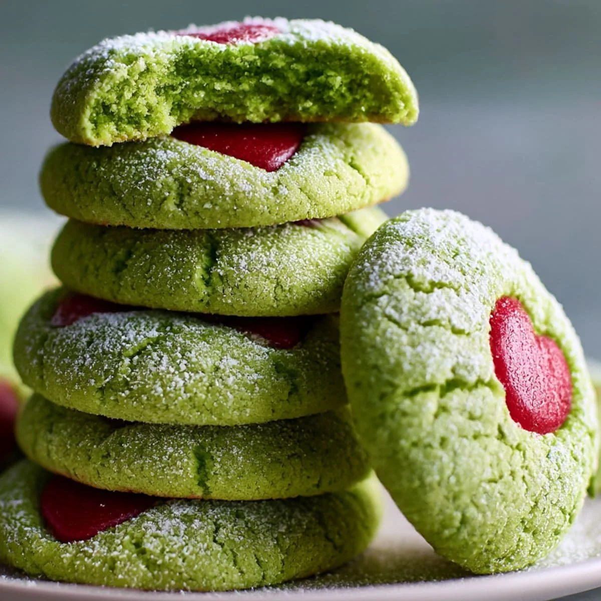 Close-up of Grinch Cookie with red heart candy