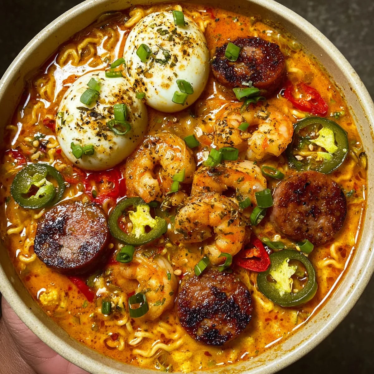 Overhead view of spicy jalapeño cheddar sausage & shrimp ramen garnished with green onions, chili slices, and soft eggs.