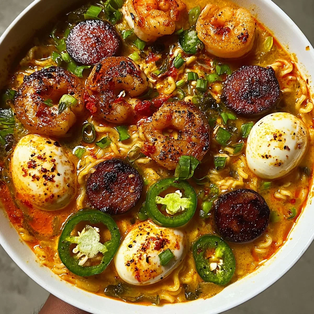 Close-up of cheesy spicy jalapeño cheddar sausage & shrimp ramen showing noodles, peppers, and golden broth.