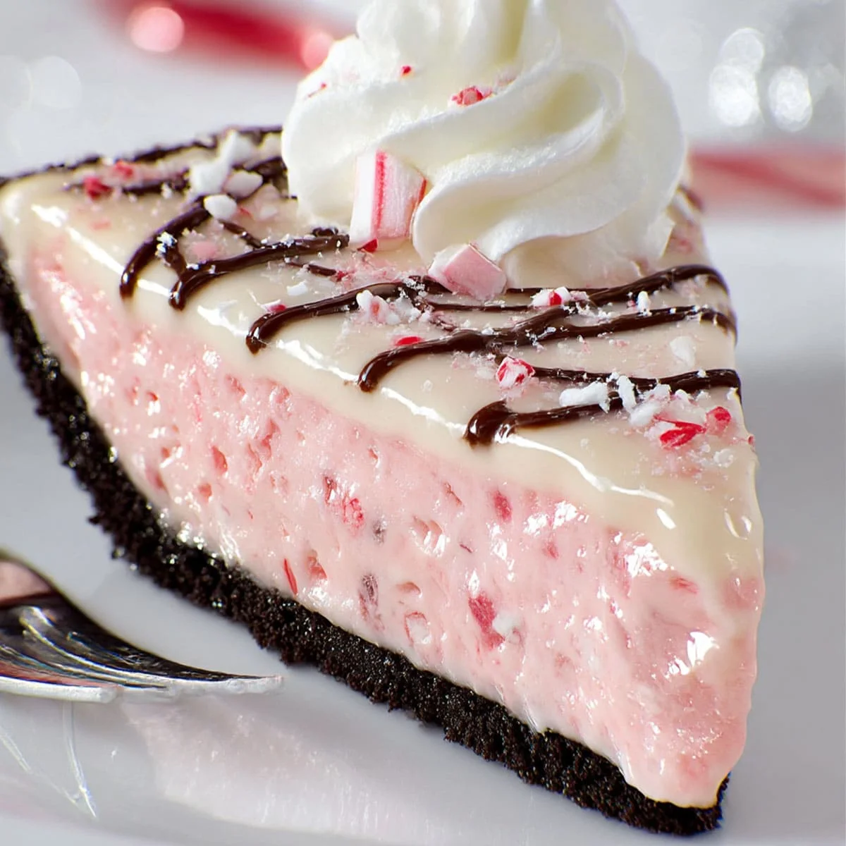 lice of no-bake Candy Cane Pie with peppermint cream filling, chocolate drizzle, and Oreo cookie crust