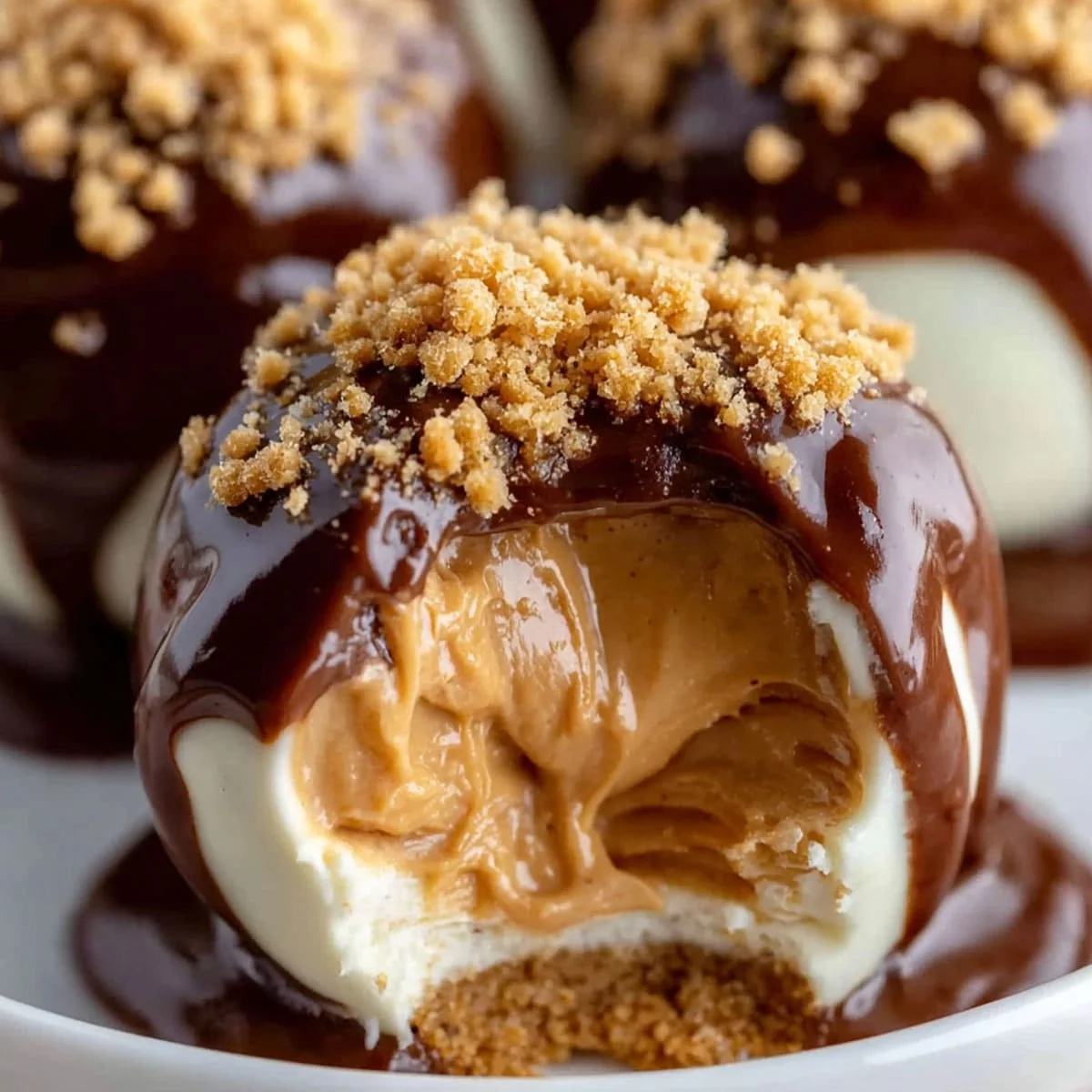 Close-up of creamy no-bake peanut butter cheesecake balls with caramel center and chocolate drizzle