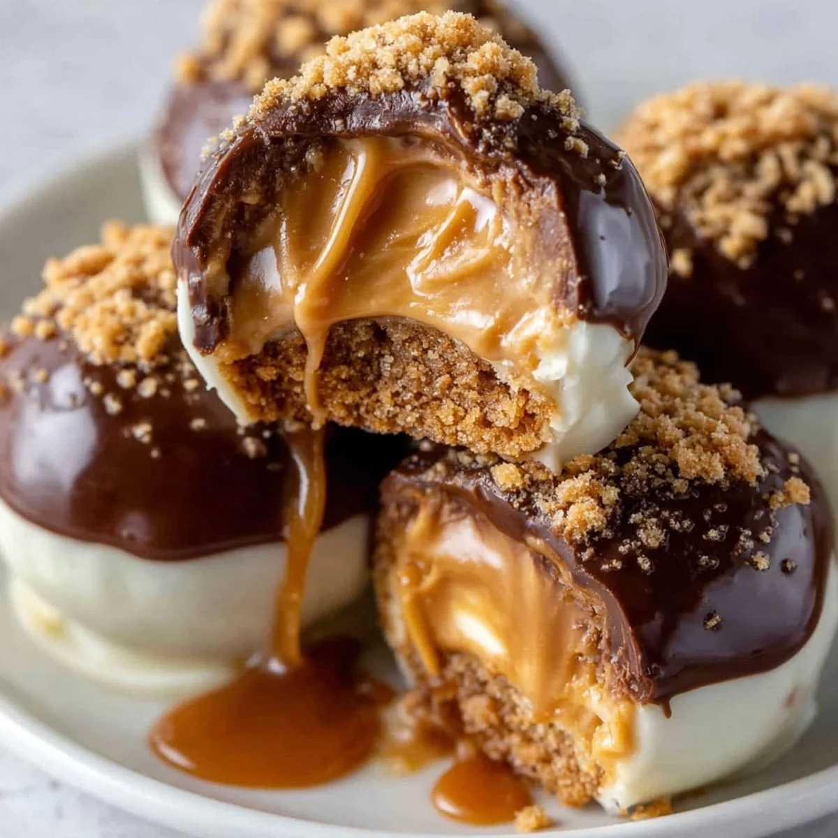 Easy no-bake peanut butter cheesecake balls arranged on a white plate for serving