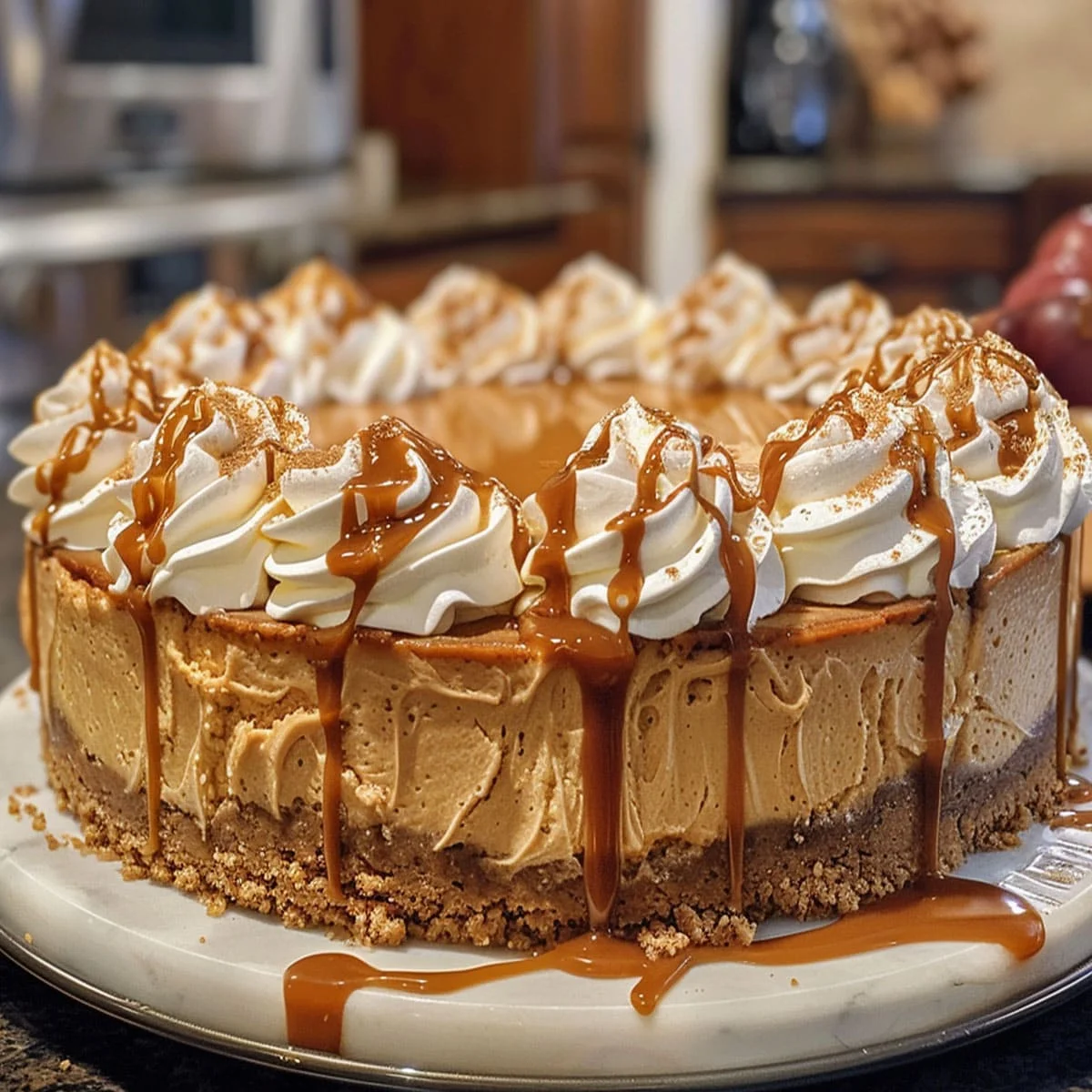 Close-up of creamy pumpkin pie with golden crust