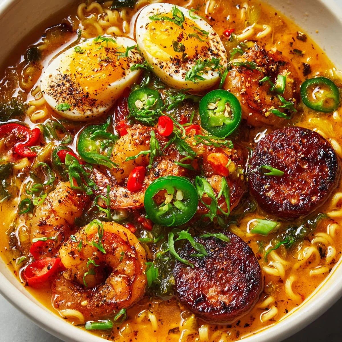 Spicy jalapeño cheddar sausage & shrimp ramen in a creamy cheese broth topped with soft-boiled eggs and sliced jalapeños.