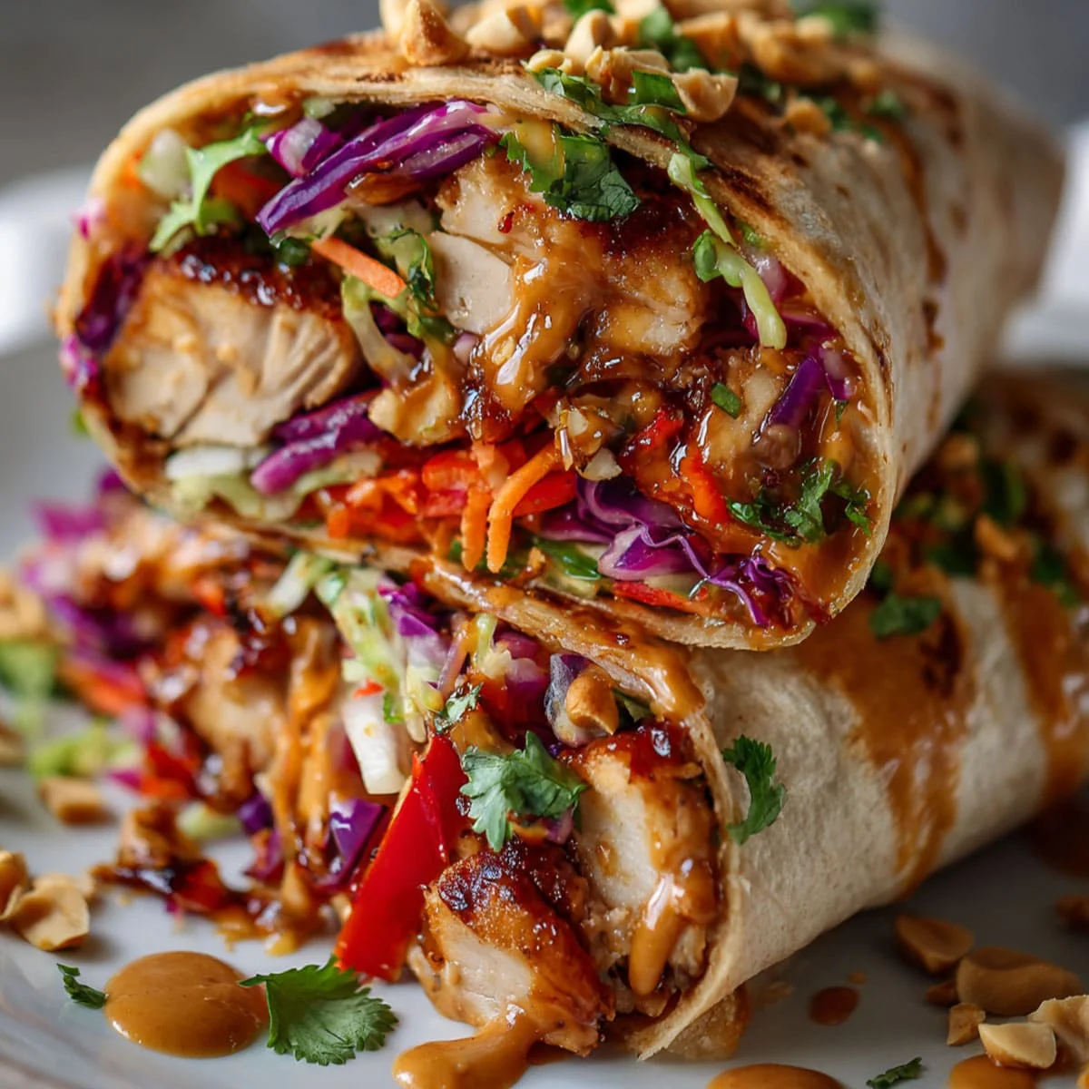 Healthy Thai Peanut Chicken Wraps stacked for meal prep, filled with rainbow vegetables and grilled chicken.