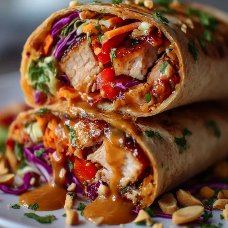 Close-up of Thai Peanut Chicken Wrap showing grilled chicken, crunchy slaw, and creamy peanut sauce inside a toasted tortilla.