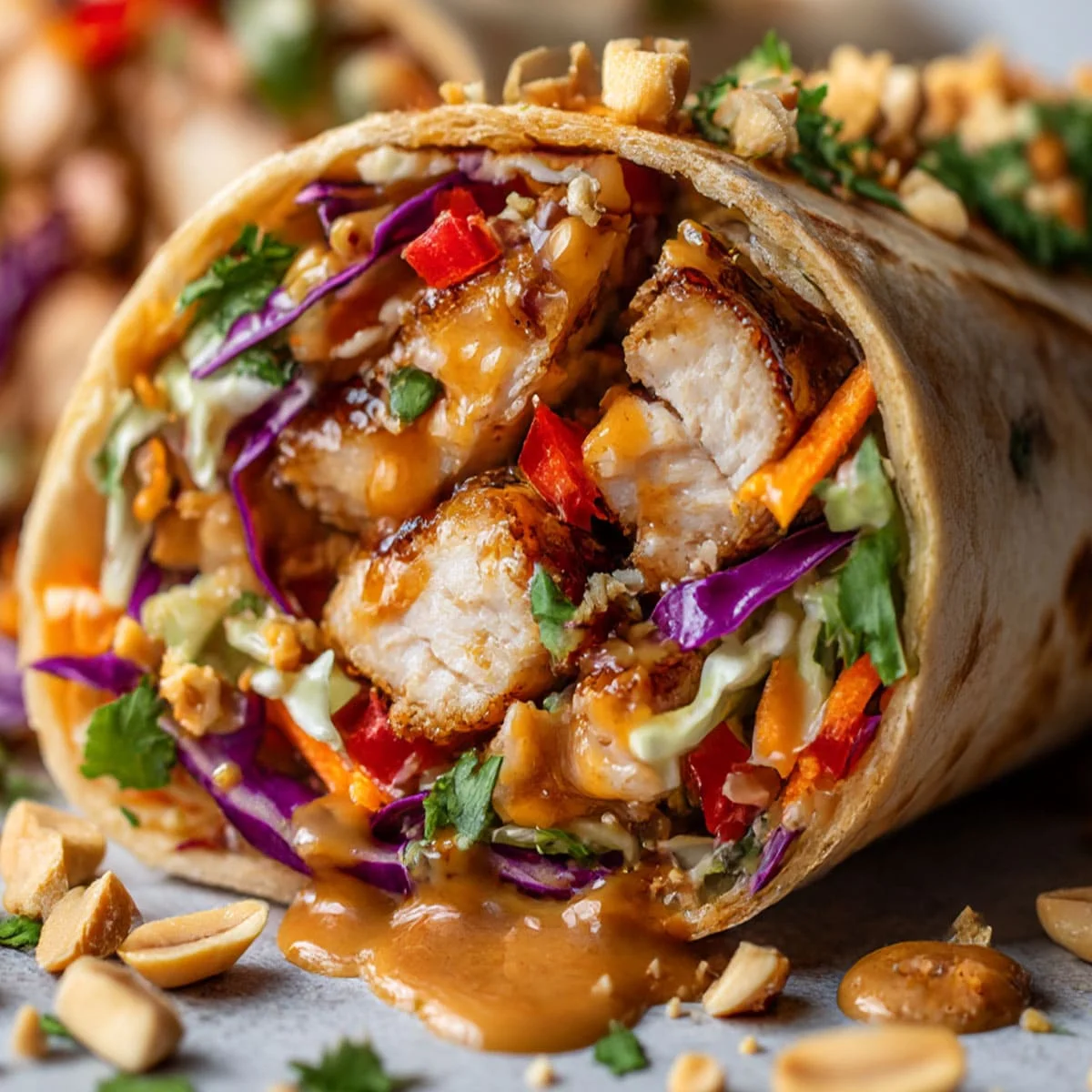 Easy Thai Peanut Chicken Wrap served on a plate, garnished with crushed peanuts and cilantro.