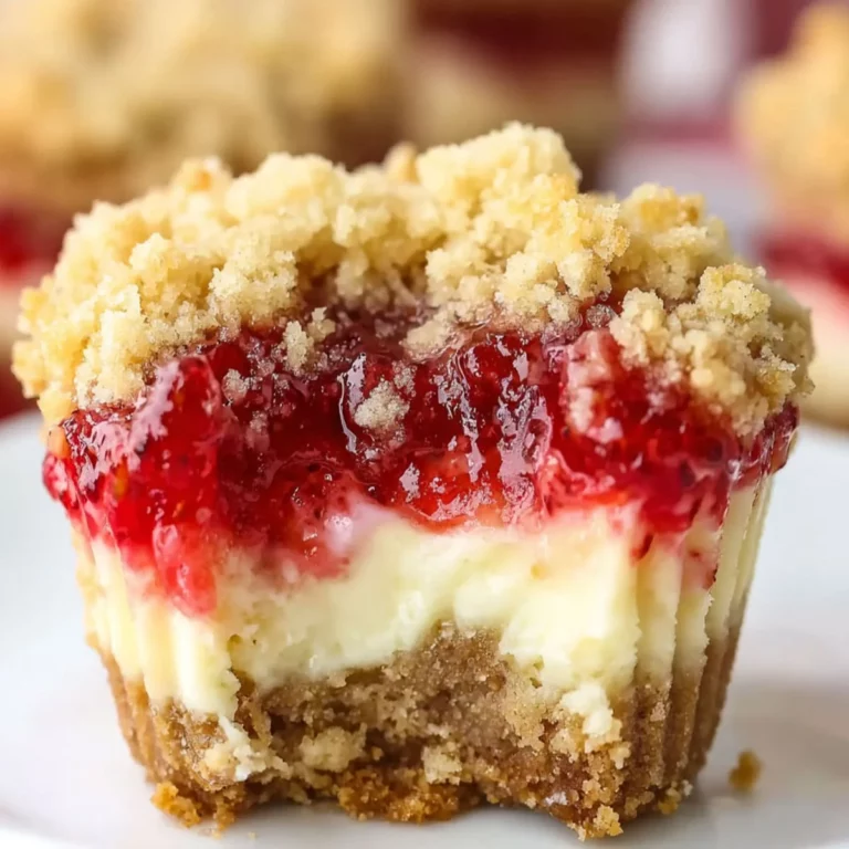 Close-up of mini strawberry cheesecake with graham cracker crust, creamy cheesecake filling, and homemade strawberry topping.