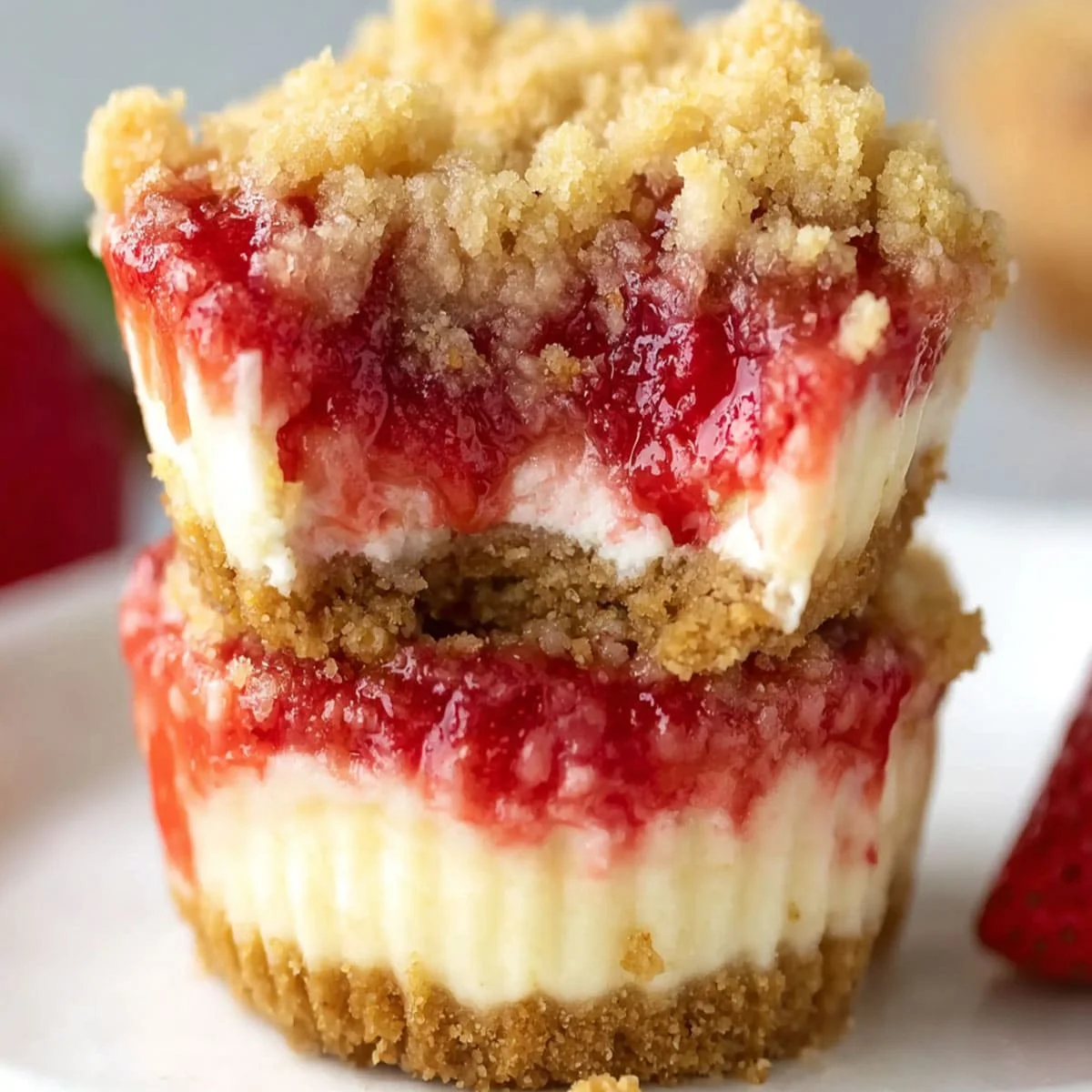Two stacked Mini Strawberry Cheesecakes with creamy layers, fresh strawberry topping, and crumbly graham crust.