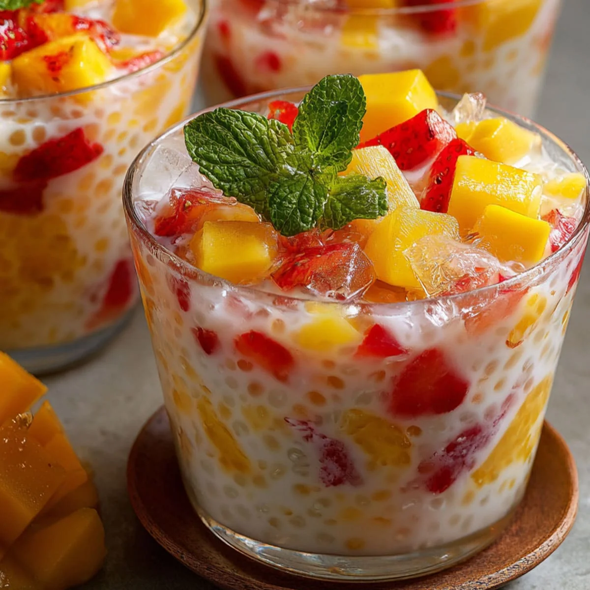 Strawberry Mango Sago dessert with mango and strawberry cubes in creamy coconut milk, topped with mint leaves