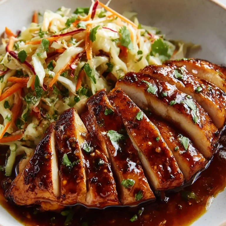 Sliced apple cider chicken glazed in sticky sauce with crunchy fall slaw