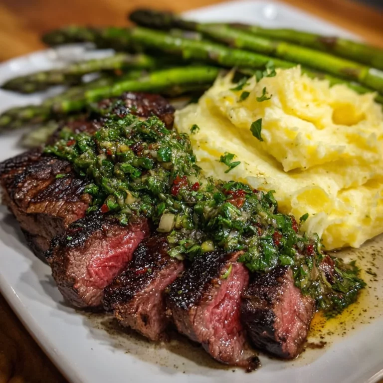 uicy grilled steak with chimichurri sauce, mashed potatoes, and asparagus on a white plate