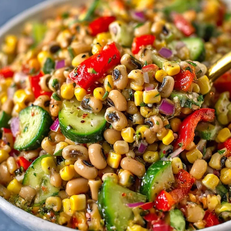 Overhead view of fresh black eyed pea salad with lemon dressing, tomatoes, cucumber, and herbs in a bowl
