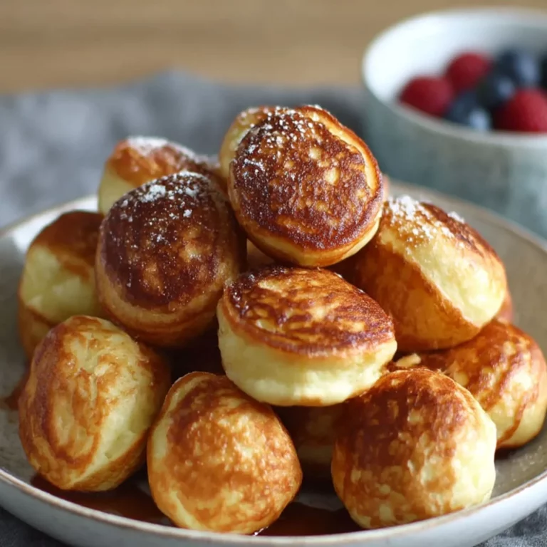 Fluffy golden breakfast pancake poppers stacked in a bowl